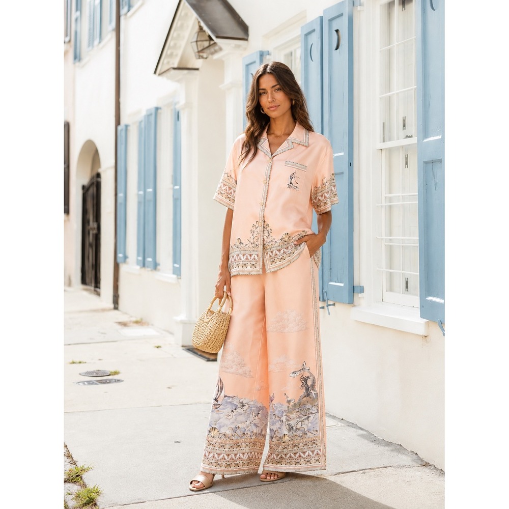 Zimmermann High Tide Odyssey Silk Shirt Pants Set Pink Size AU 1